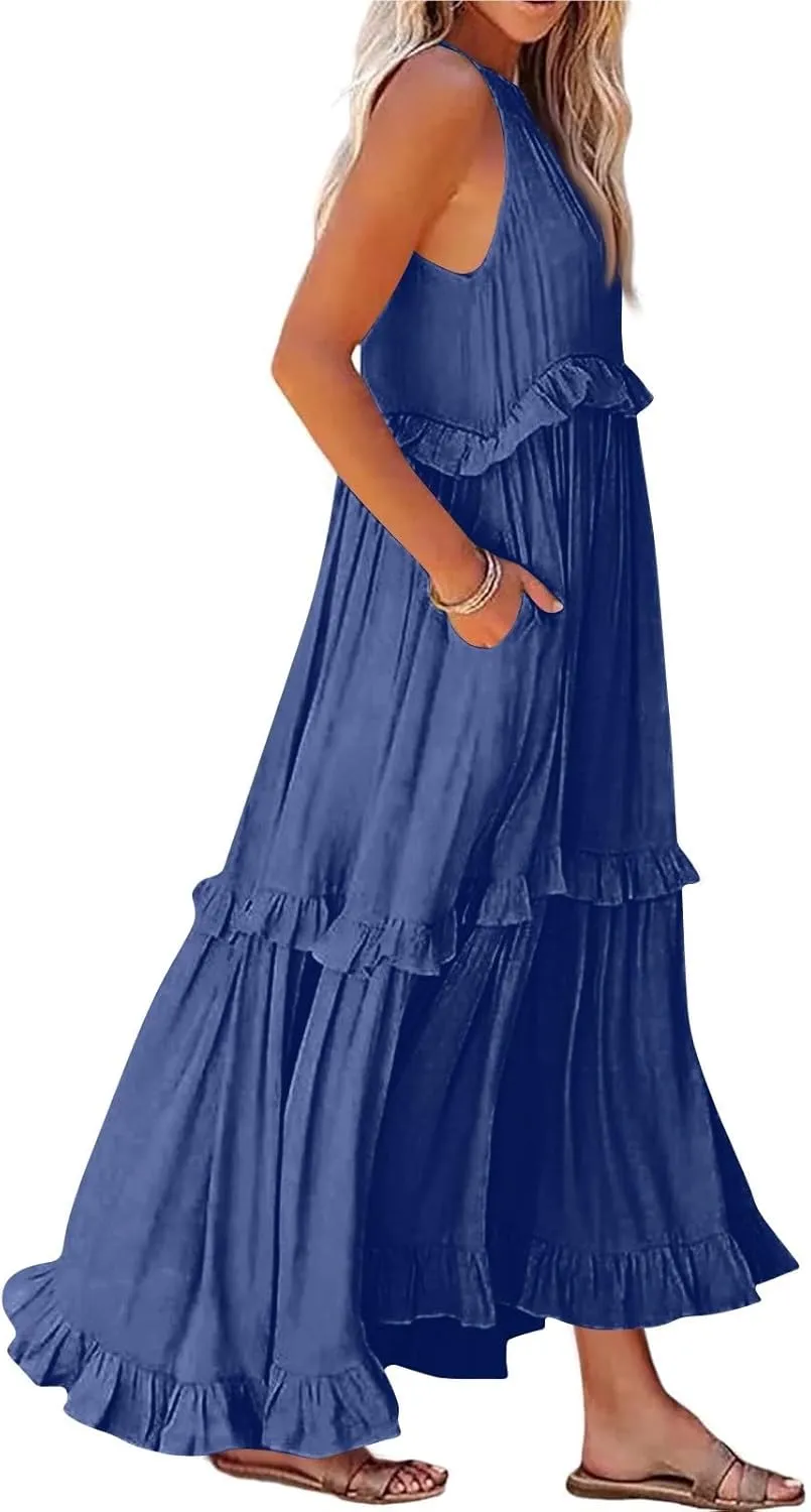 Halter Maxi Dresses for Women 2025 Trendy Smocked Tiered Ruffle Flowy Long Dress Bohemian Elegant Swing Tank Dresses