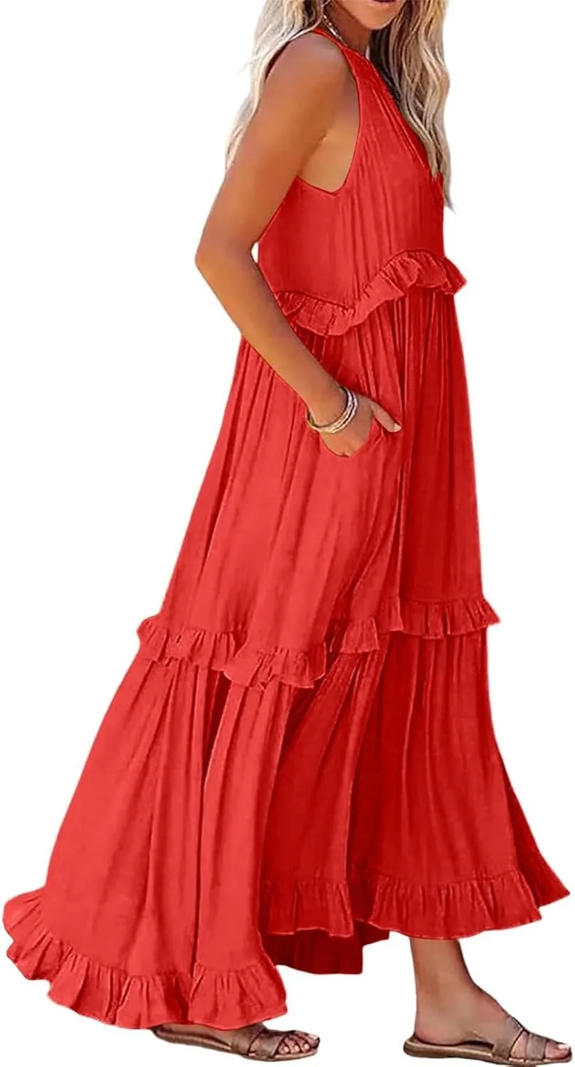 Halter Maxi Dresses for Women 2025 Trendy Smocked Tiered Ruffle Flowy Long Dress Bohemian Elegant Swing Tank Dresses