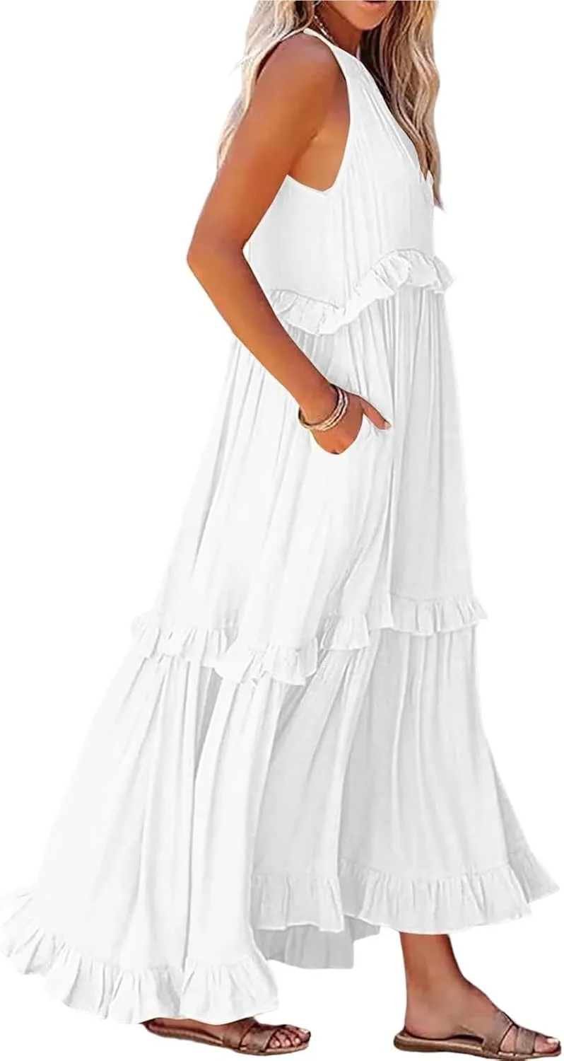 Halter Maxi Dresses for Women 2025 Trendy Smocked Tiered Ruffle Flowy Long Dress Bohemian Elegant Swing Tank Dresses
