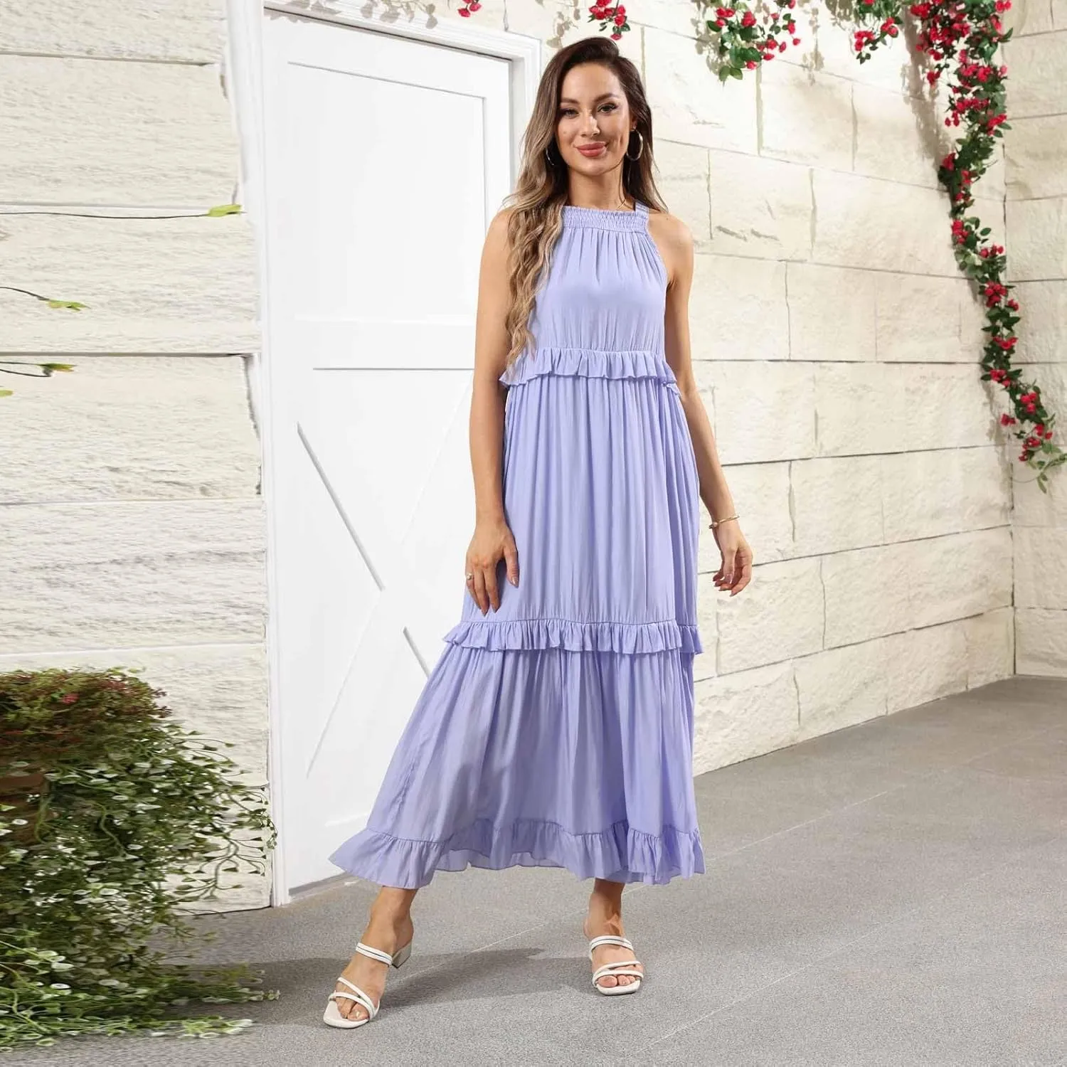 Halter Maxi Dresses for Women 2025 Trendy Smocked Tiered Ruffle Flowy Long Dress Bohemian Elegant Swing Tank Dresses