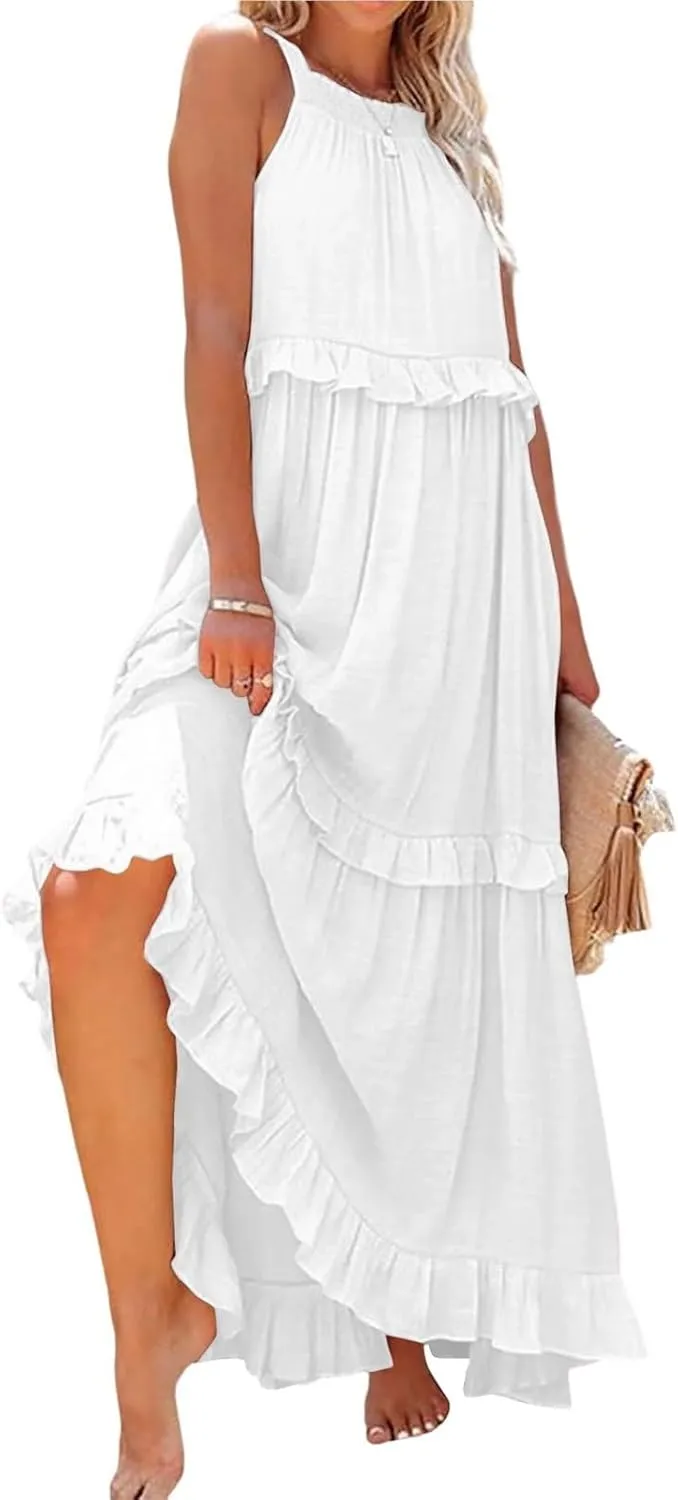 Halter Maxi Dresses for Women 2025 Trendy Smocked Tiered Ruffle Flowy Long Dress Bohemian Elegant Swing Tank Dresses