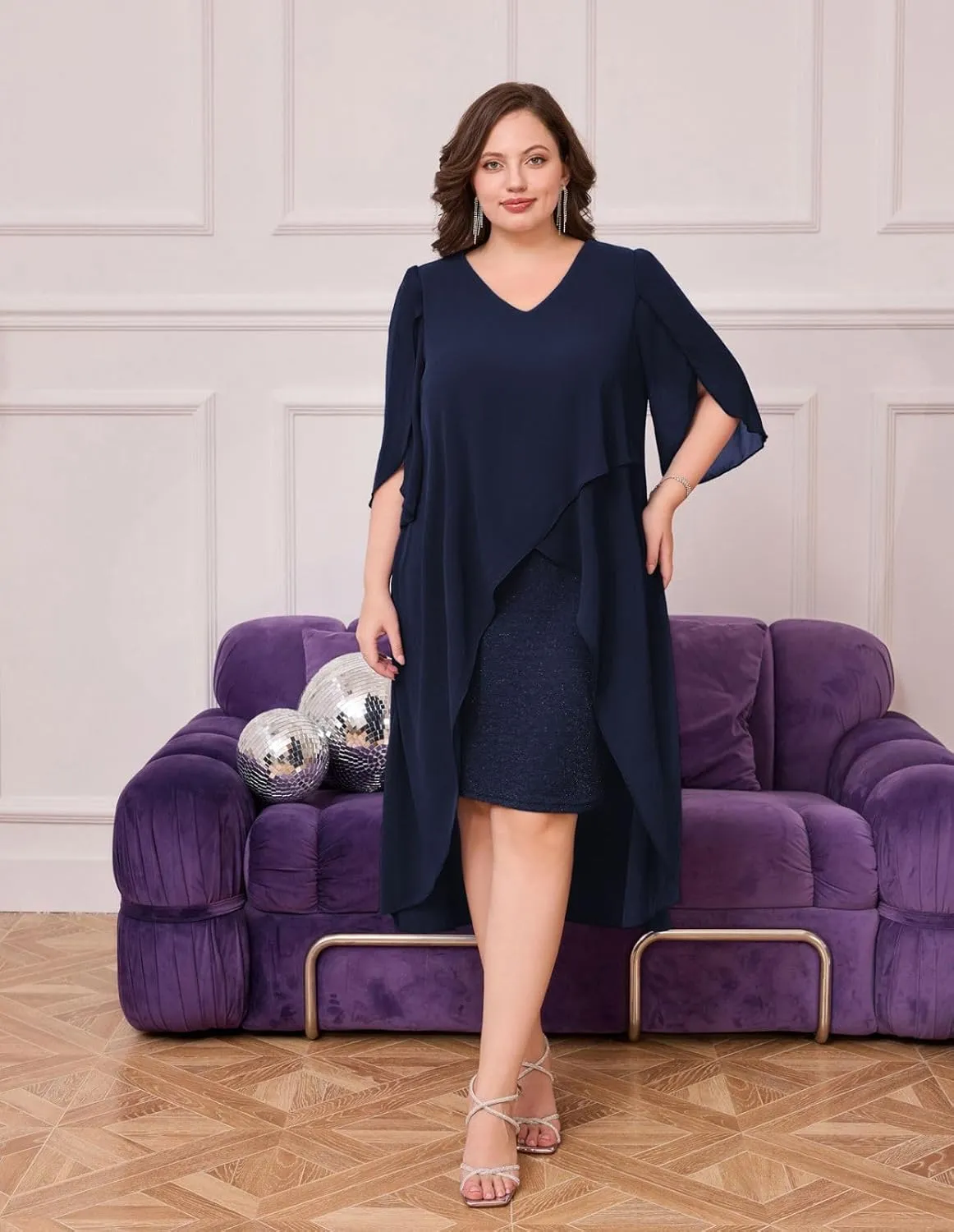 Hanna Nikole Womens Plus Size Chiffon Cocktail Dress Ruffle 3/4 Sleeve Wedding Guest Party Dresses with High Low Hem