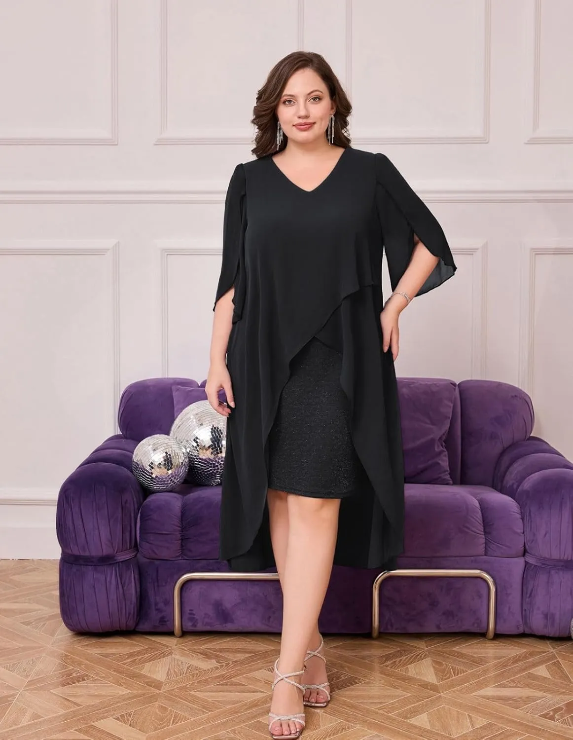Hanna Nikole Womens Plus Size Chiffon Cocktail Dress Ruffle 3/4 Sleeve Wedding Guest Party Dresses with High Low Hem