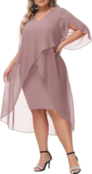 Hanna Nikole Womens Plus Size Chiffon Cocktail Dress Ruffle 3/4 Sleeve Wedding Guest Party Dresses with High Low Hem