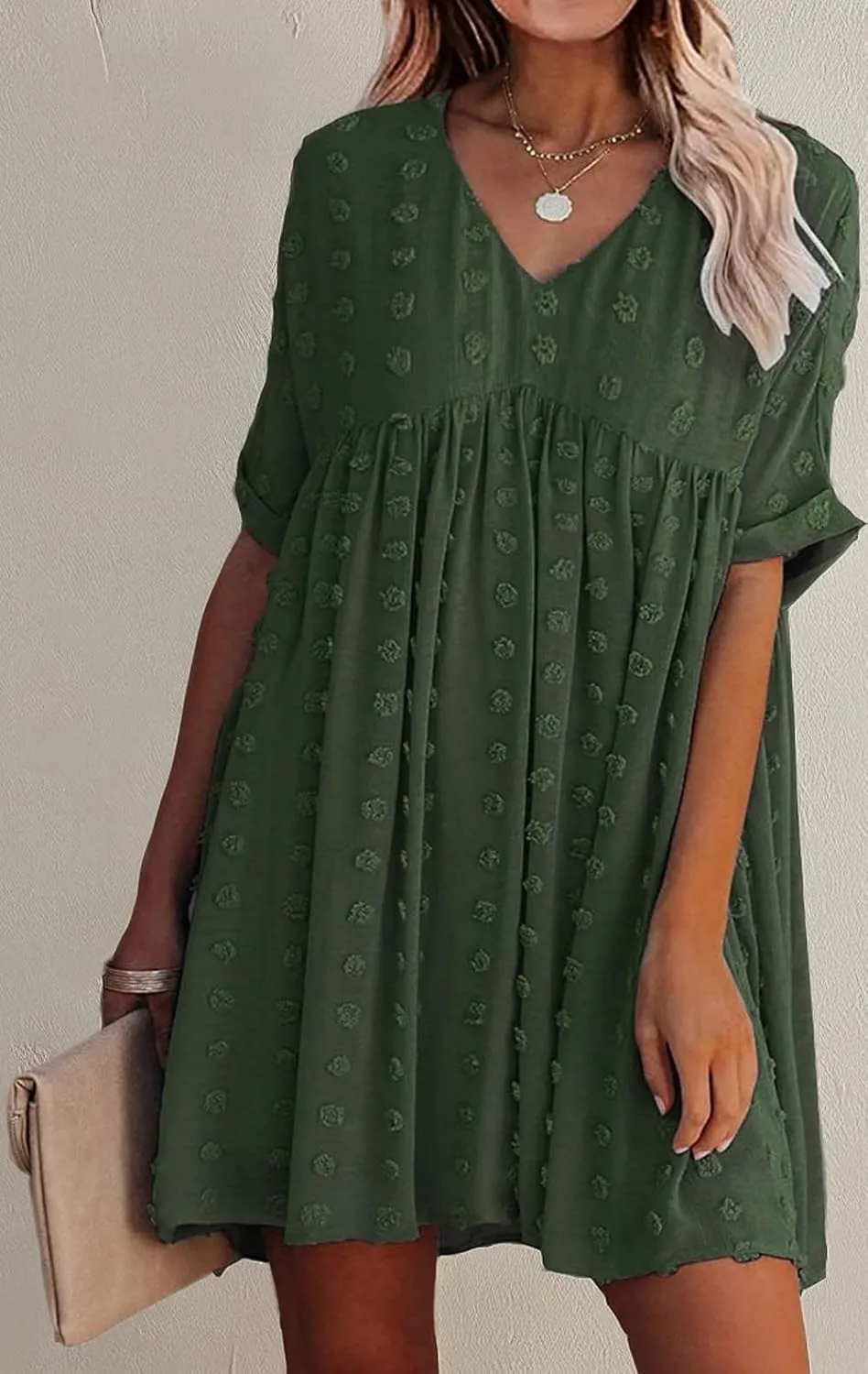 HBEYYTO Women's Summer Short Sleeve Sexy V Neck Flowy Mini Dress Plus Size Casual Dress Swiss Dot Short Loose Fit Sun Dress