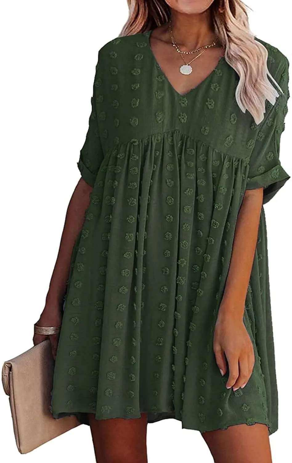 HBEYYTO Women's Summer Short Sleeve Sexy V Neck Flowy Mini Dress Plus Size Casual Dress Swiss Dot Short Loose Fit Sun Dress