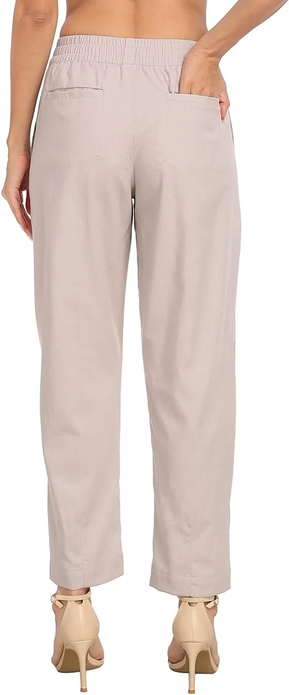 HDE Women's Linen Blend Pull On Pants Summer Drawstring Ankle Pant with Pockets