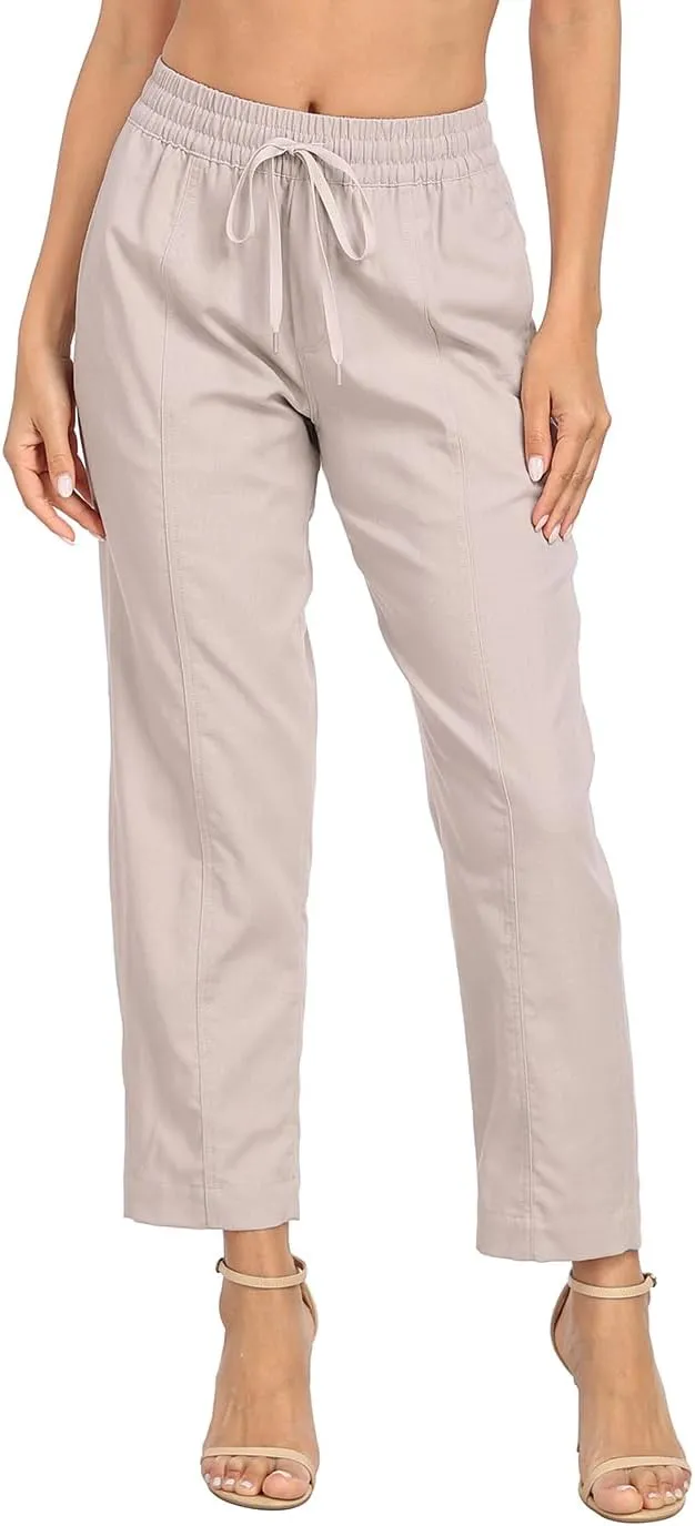 HDE Women's Linen Blend Pull On Pants Summer Drawstring Ankle Pant with Pockets