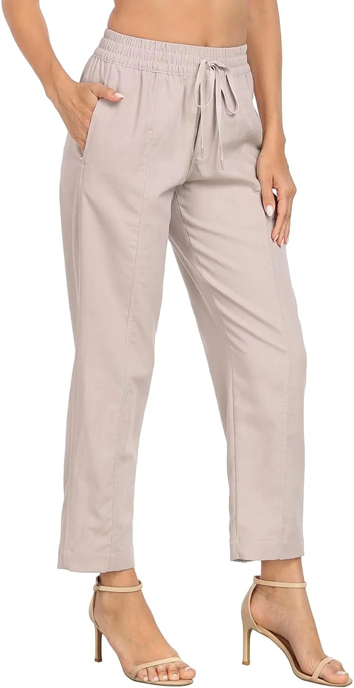 HDE Women's Linen Blend Pull On Pants Summer Drawstring Ankle Pant with Pockets