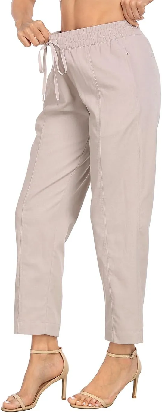 HDE Women's Linen Blend Pull On Pants Summer Drawstring Ankle Pant with Pockets