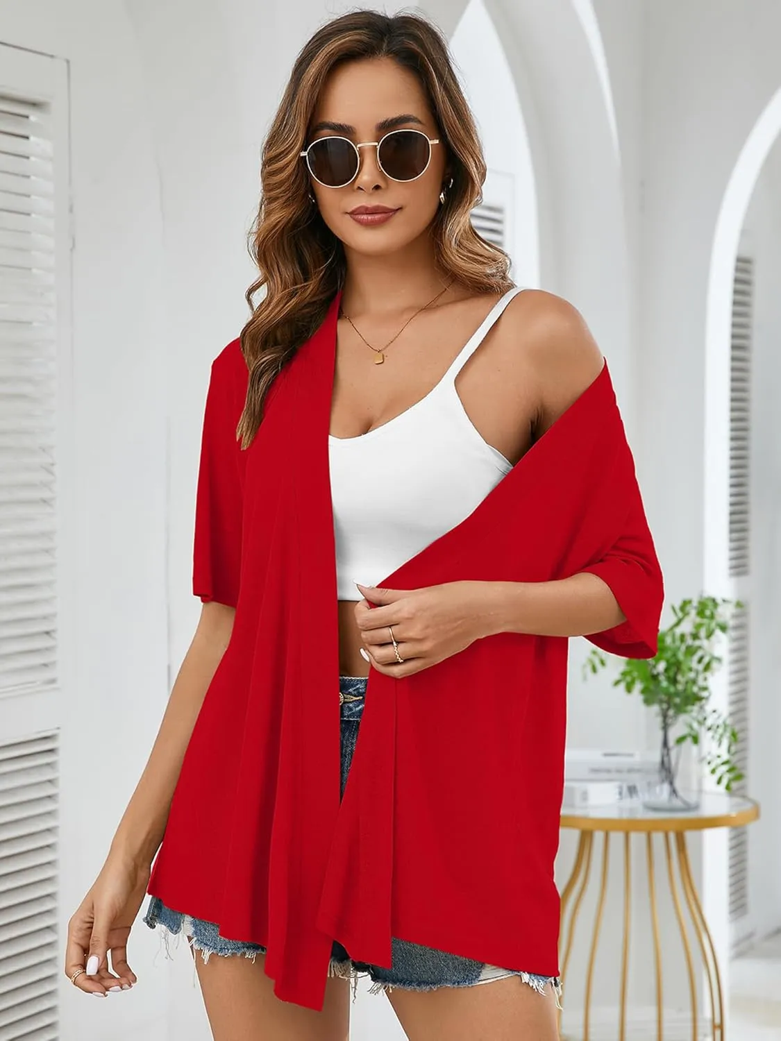 Heymoments Women's Lightweight Open Front Knit Cardigans Short Sleeve Casual Soft Drape Summer Cardigan S-2XL