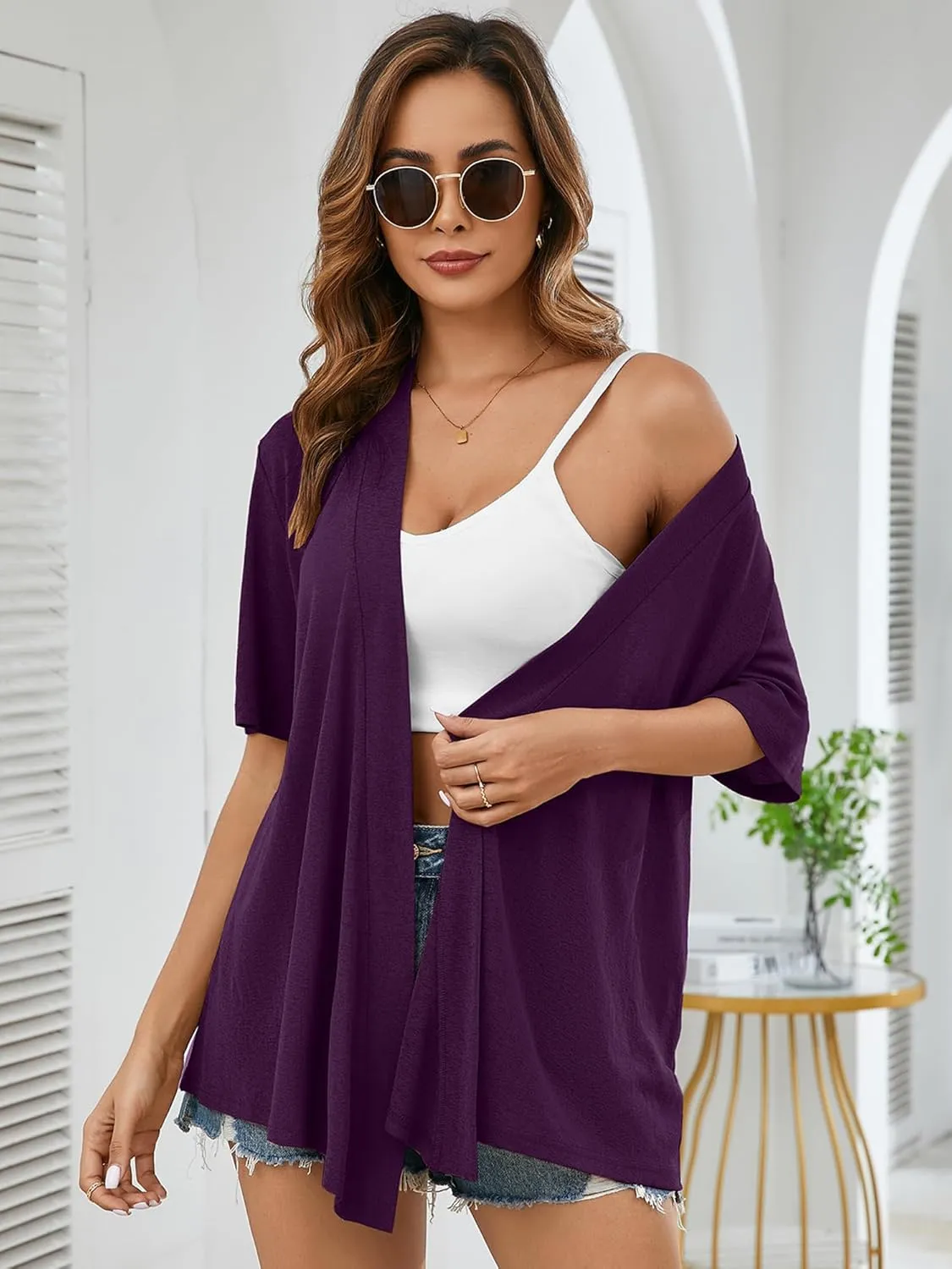 Heymoments Women's Lightweight Open Front Knit Cardigans Short Sleeve Casual Soft Drape Summer Cardigan S-2XL