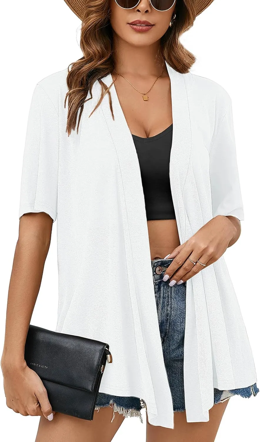 Heymoments Women's Lightweight Open Front Knit Cardigans Short Sleeve Casual Soft Drape Summer Cardigan S-2XL