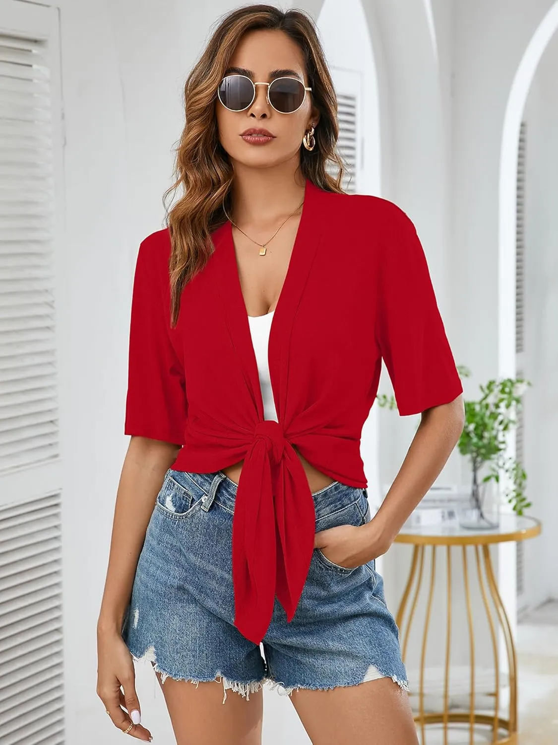 Heymoments Women's Lightweight Open Front Knit Cardigans Short Sleeve Casual Soft Drape Summer Cardigan S-2XL