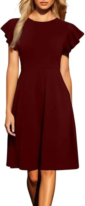 HGps8w Flutter Sleeve Midi Dresses for Women 2025 Summer Elegant A-Line Casual Crew Neck Wedding Guests Party Dress