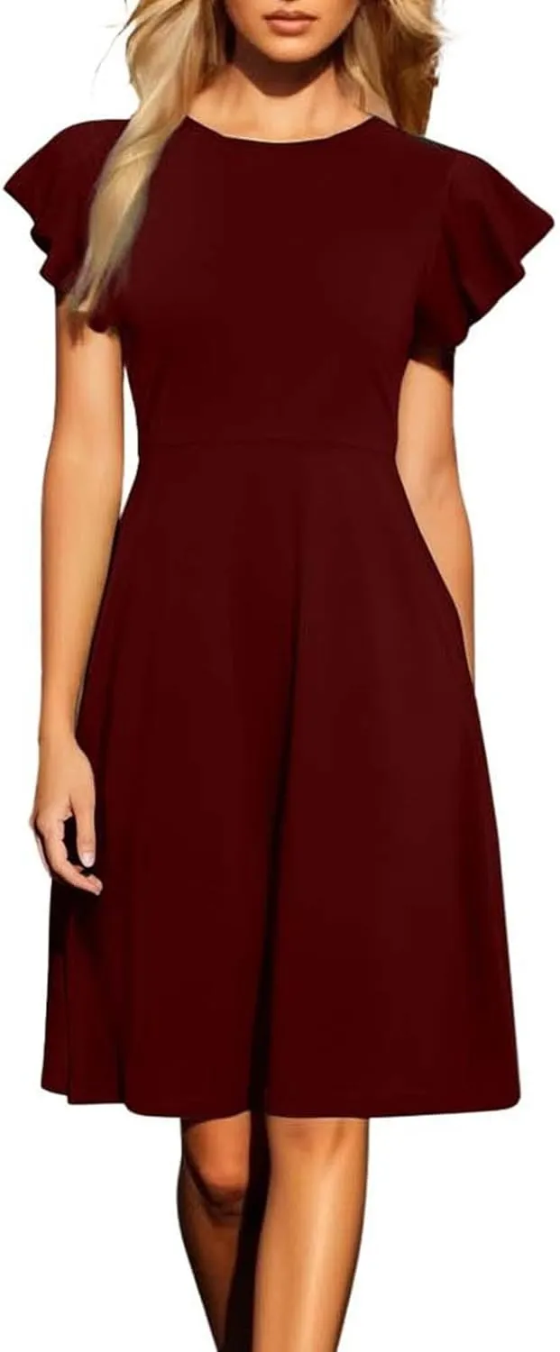 HGps8w Flutter Sleeve Midi Dresses for Women 2025 Summer Elegant A-Line Casual Crew Neck Wedding Guests Party Dress
