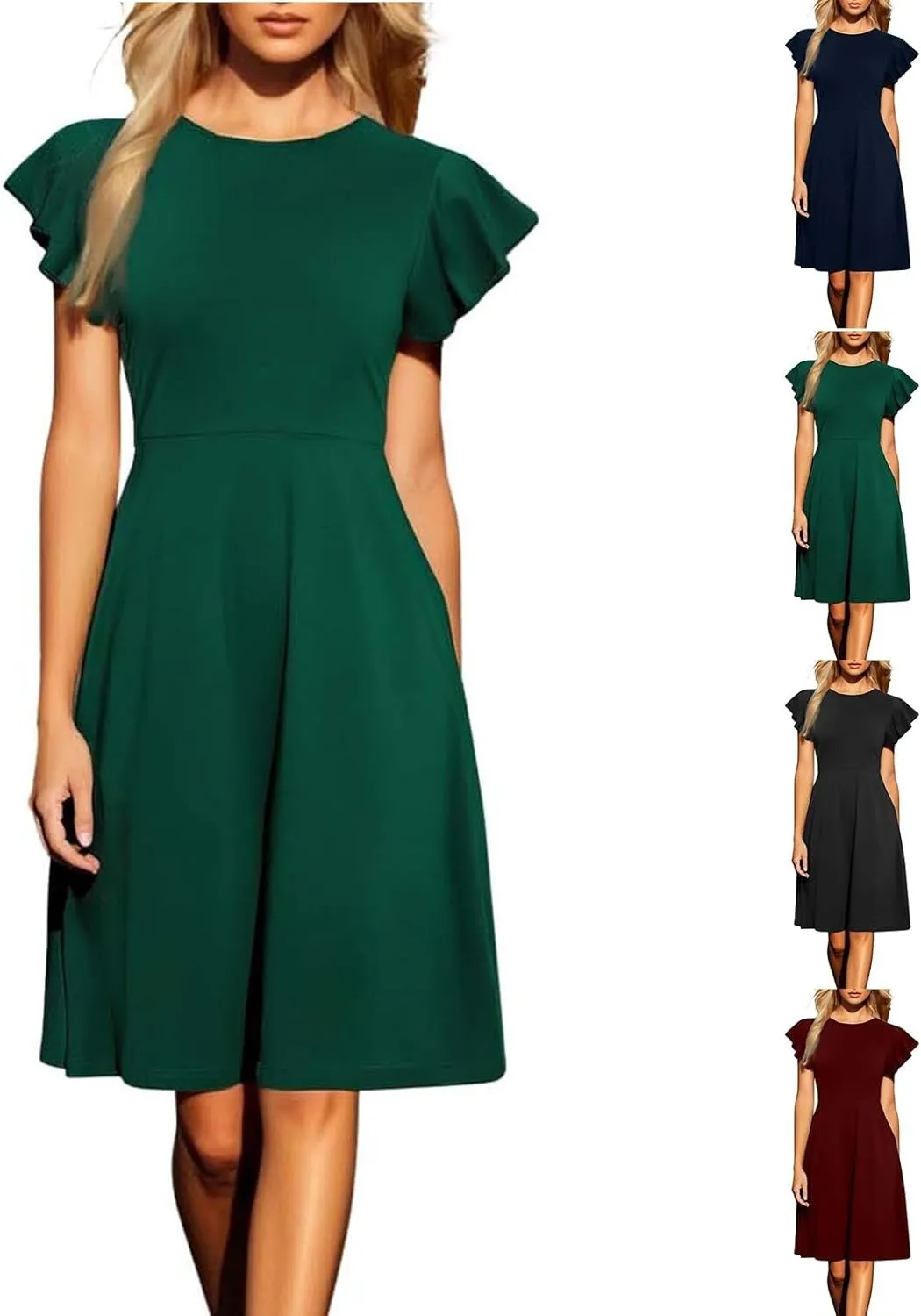HGps8w Flutter Sleeve Midi Dresses for Women 2025 Summer Elegant A-Line Casual Crew Neck Wedding Guests Party Dress