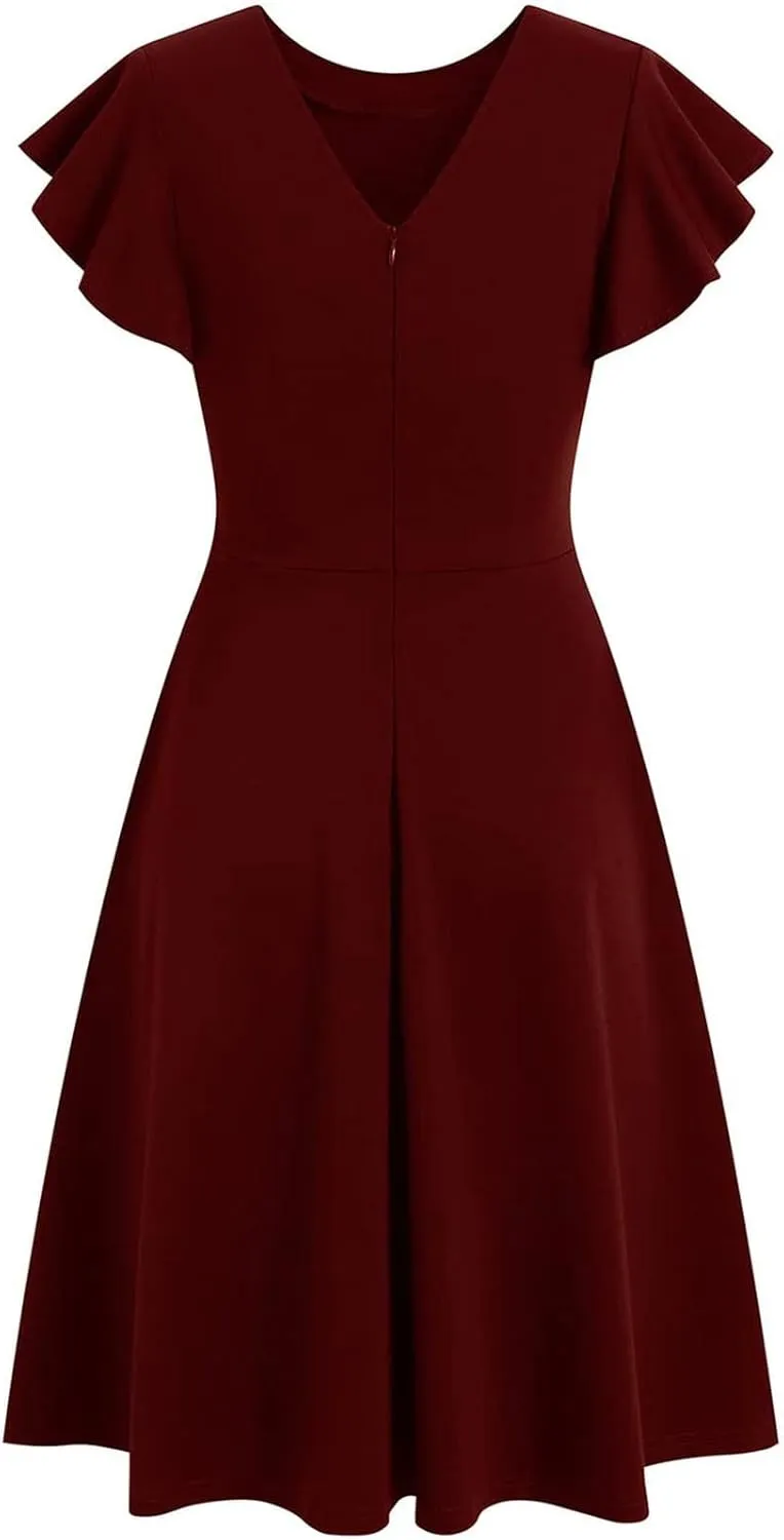 HGps8w Flutter Sleeve Midi Dresses for Women 2025 Summer Elegant A-Line Casual Crew Neck Wedding Guests Party Dress