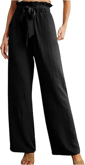 HGps8w Paperbag Waist Wide Pants for Women 2025 Summer Straight Leg Business Casual Palazzo Trousers with Belt