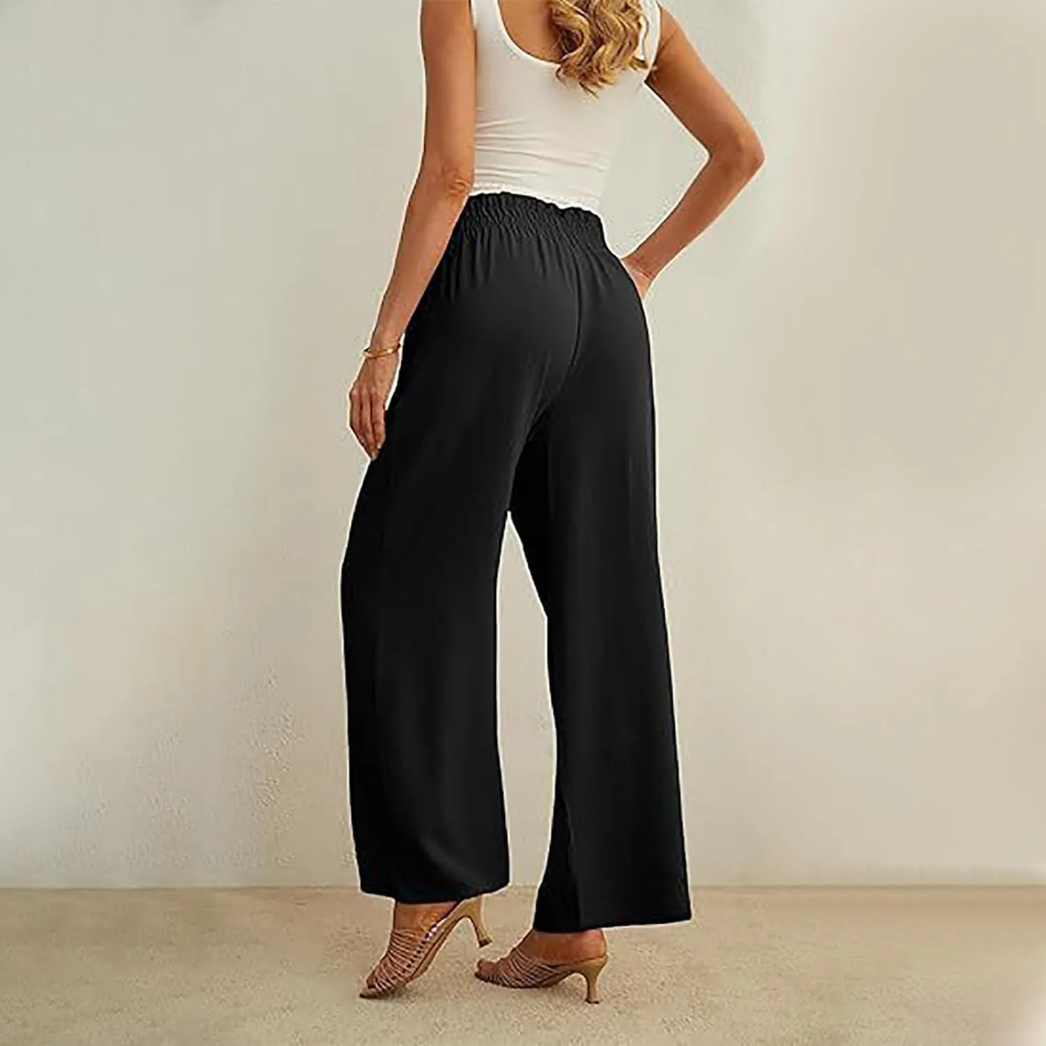 HGps8w Paperbag Waist Wide Pants for Women 2025 Summer Straight Leg Business Casual Palazzo Trousers with Belt