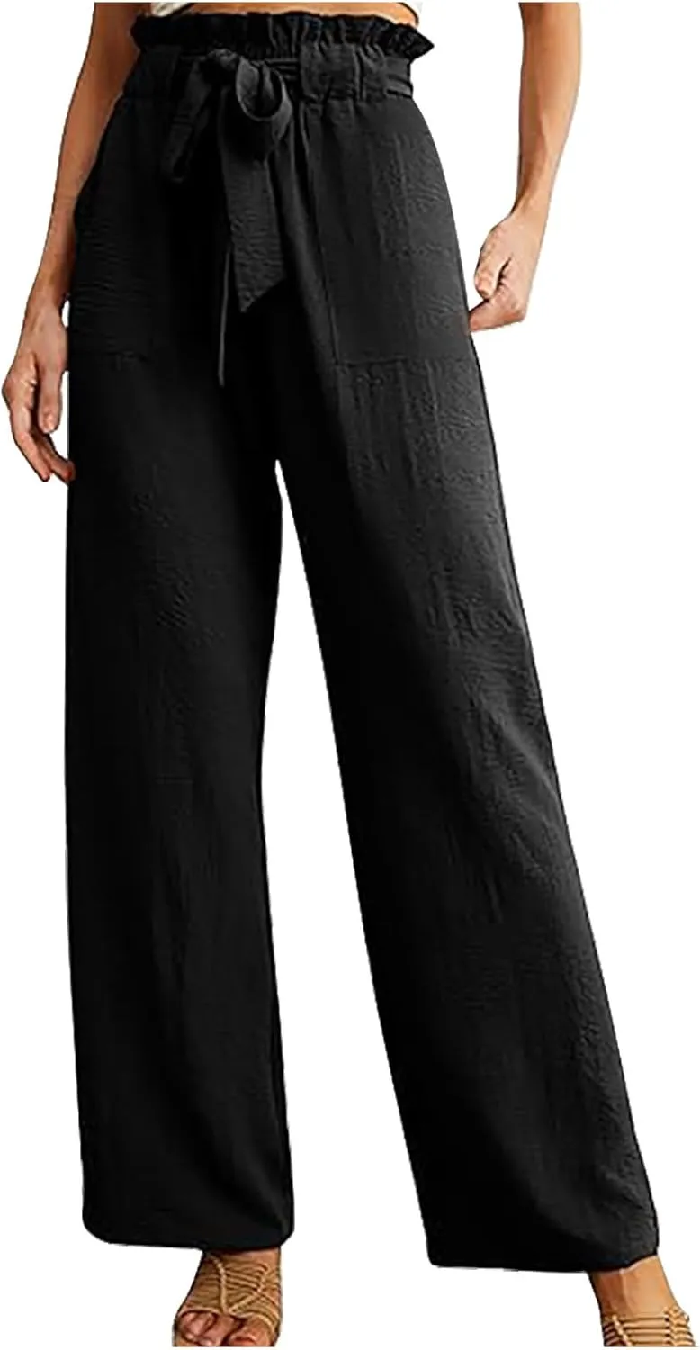 HGps8w Paperbag Waist Wide Pants for Women 2025 Summer Straight Leg Business Casual Palazzo Trousers with Belt