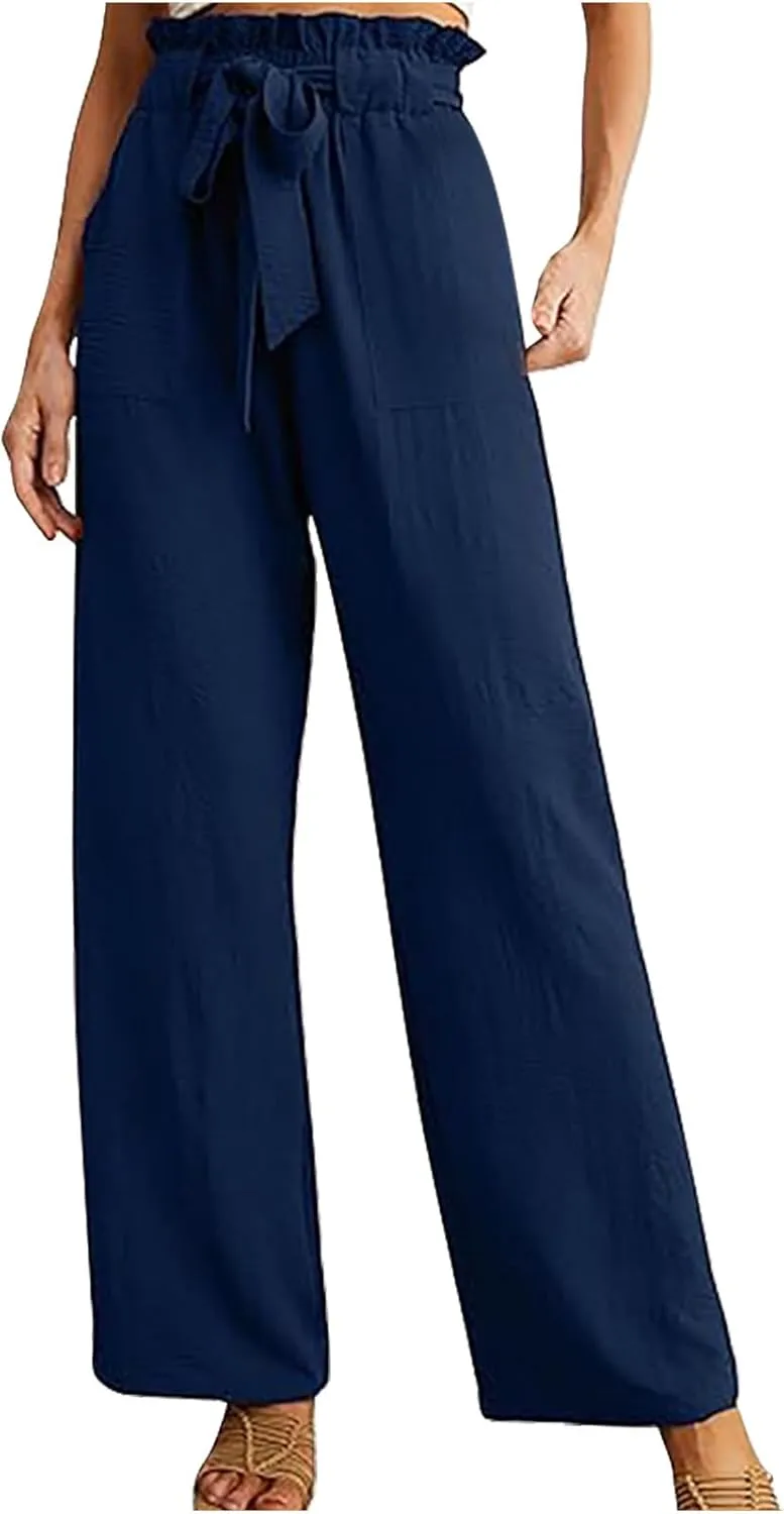 HGps8w Paperbag Waist Wide Pants for Women 2025 Summer Straight Leg Business Casual Palazzo Trousers with Belt