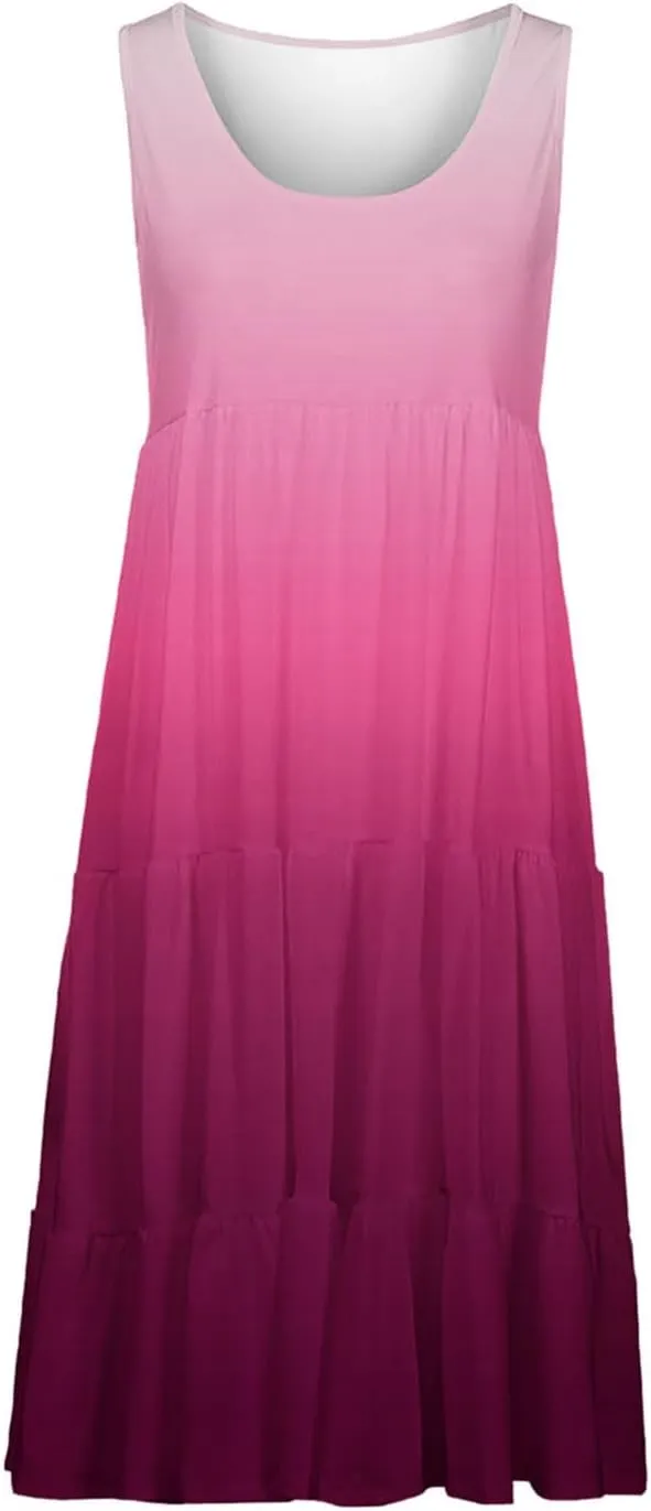 HGps8w Plus Size Gradient Tank Dress for Women Summer Loose Crew Neck Casual Sleeveless A-Line Swing Tiered Vacation Dresses