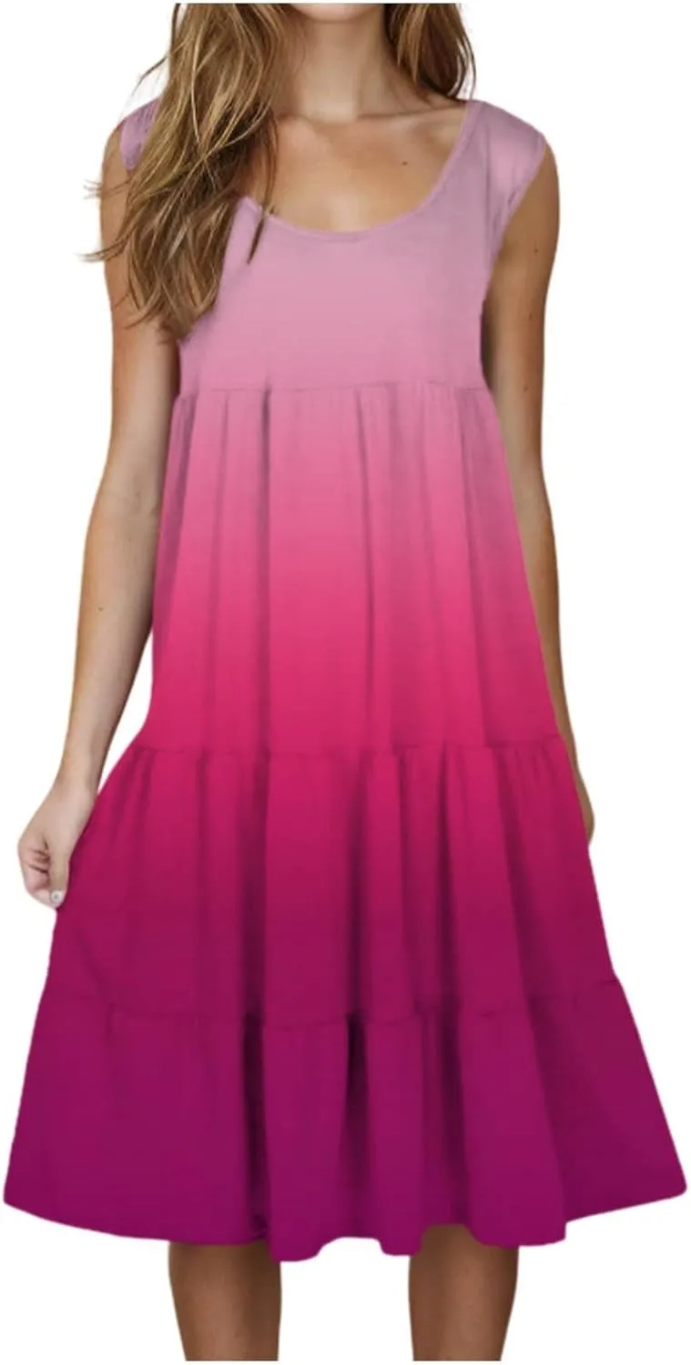 HGps8w Plus Size Gradient Tank Dress for Women Summer Loose Crew Neck Casual Sleeveless A-Line Swing Tiered Vacation Dresses