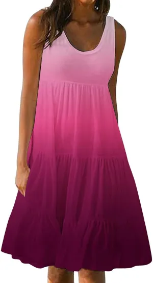 HGps8w Plus Size Gradient Tank Dress for Women Summer Loose Crew Neck Casual Sleeveless A-Line Swing Tiered Vacation Dresses