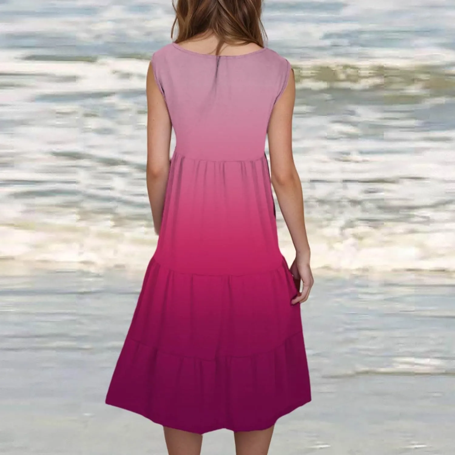 HGps8w Plus Size Gradient Tank Dress for Women Summer Loose Crew Neck Casual Sleeveless A-Line Swing Tiered Vacation Dresses