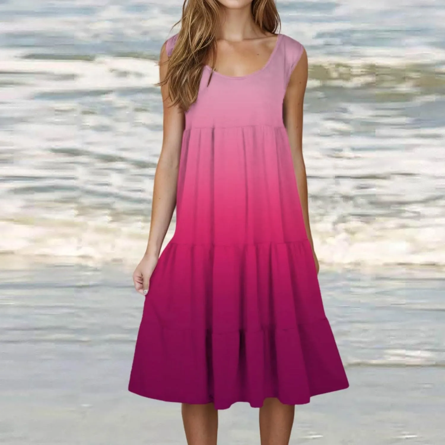 HGps8w Plus Size Gradient Tank Dress for Women Summer Loose Crew Neck Casual Sleeveless A-Line Swing Tiered Vacation Dresses