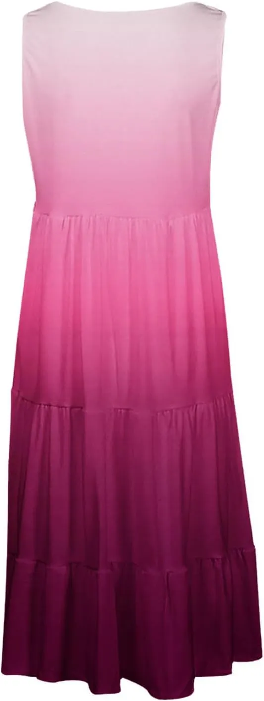 HGps8w Plus Size Gradient Tank Dress for Women Summer Loose Crew Neck Casual Sleeveless A-Line Swing Tiered Vacation Dresses