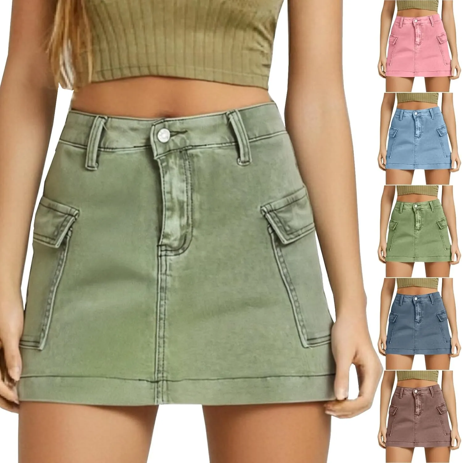 HGps8w Women's Denim Cargo Skirt Classic Zipper Button High Waisted Bodycon Y2K Mini Skirts with Flap Pockets
