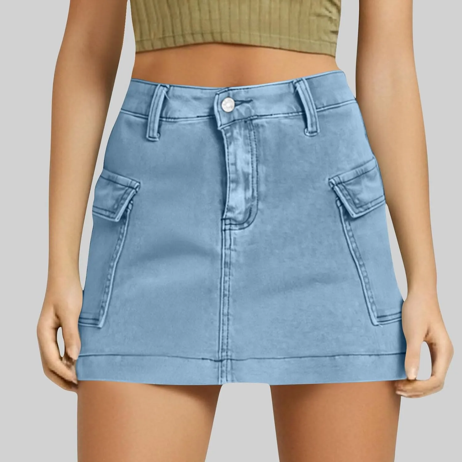 HGps8w Women's Denim Cargo Skirt Classic Zipper Button High Waisted Bodycon Y2K Mini Skirts with Flap Pockets