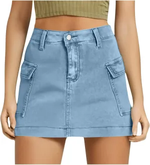 HGps8w Women's Denim Cargo Skirt Classic Zipper Button High Waisted Bodycon Y2K Mini Skirts with Flap Pockets