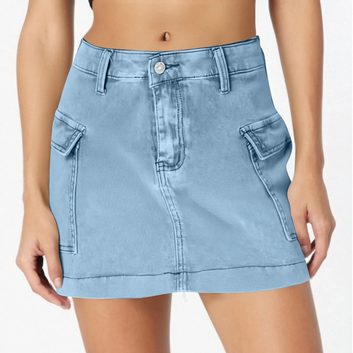 HGps8w Women's Denim Cargo Skirt Classic Zipper Button High Waisted Bodycon Y2K Mini Skirts with Flap Pockets