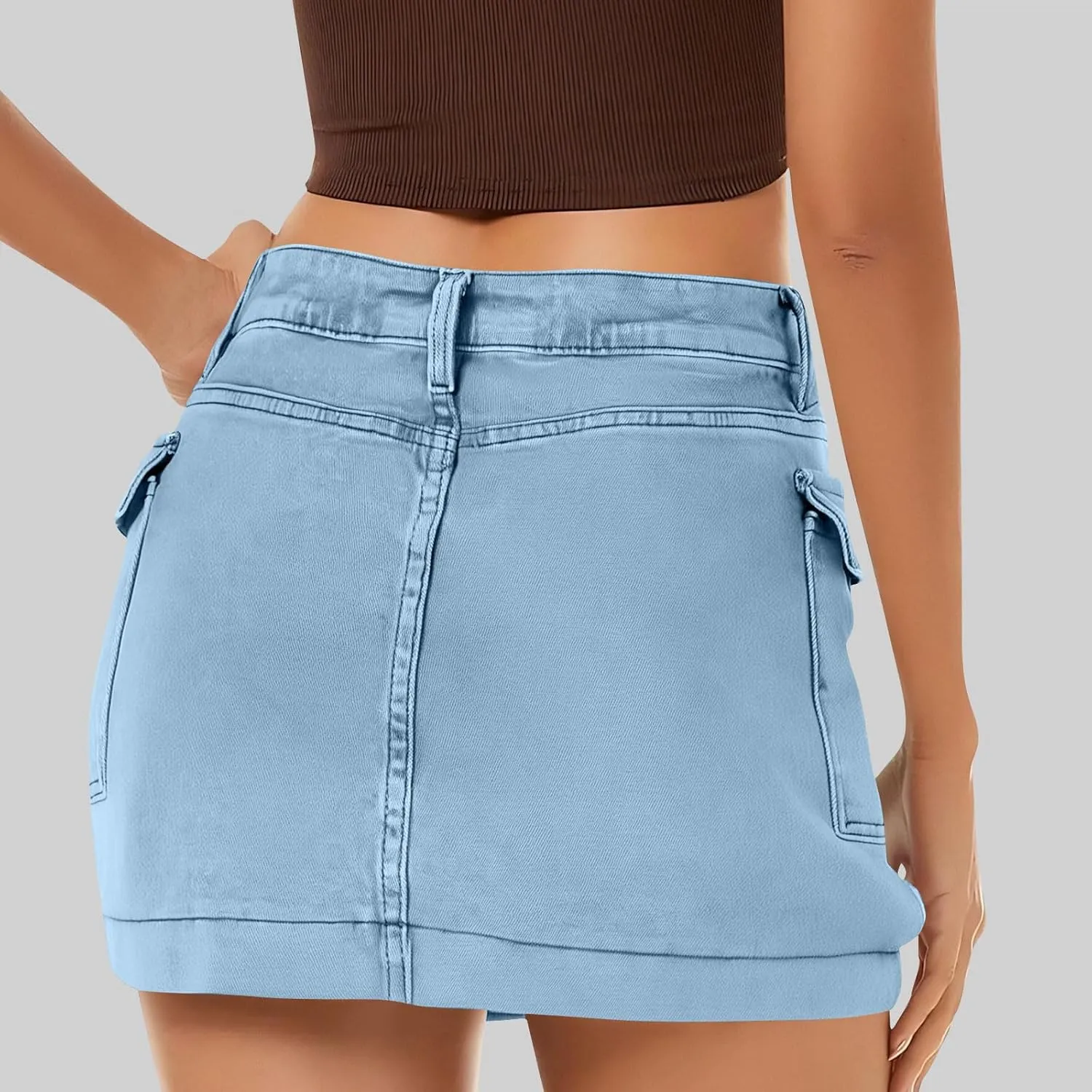 HGps8w Women's Denim Cargo Skirt Classic Zipper Button High Waisted Bodycon Y2K Mini Skirts with Flap Pockets