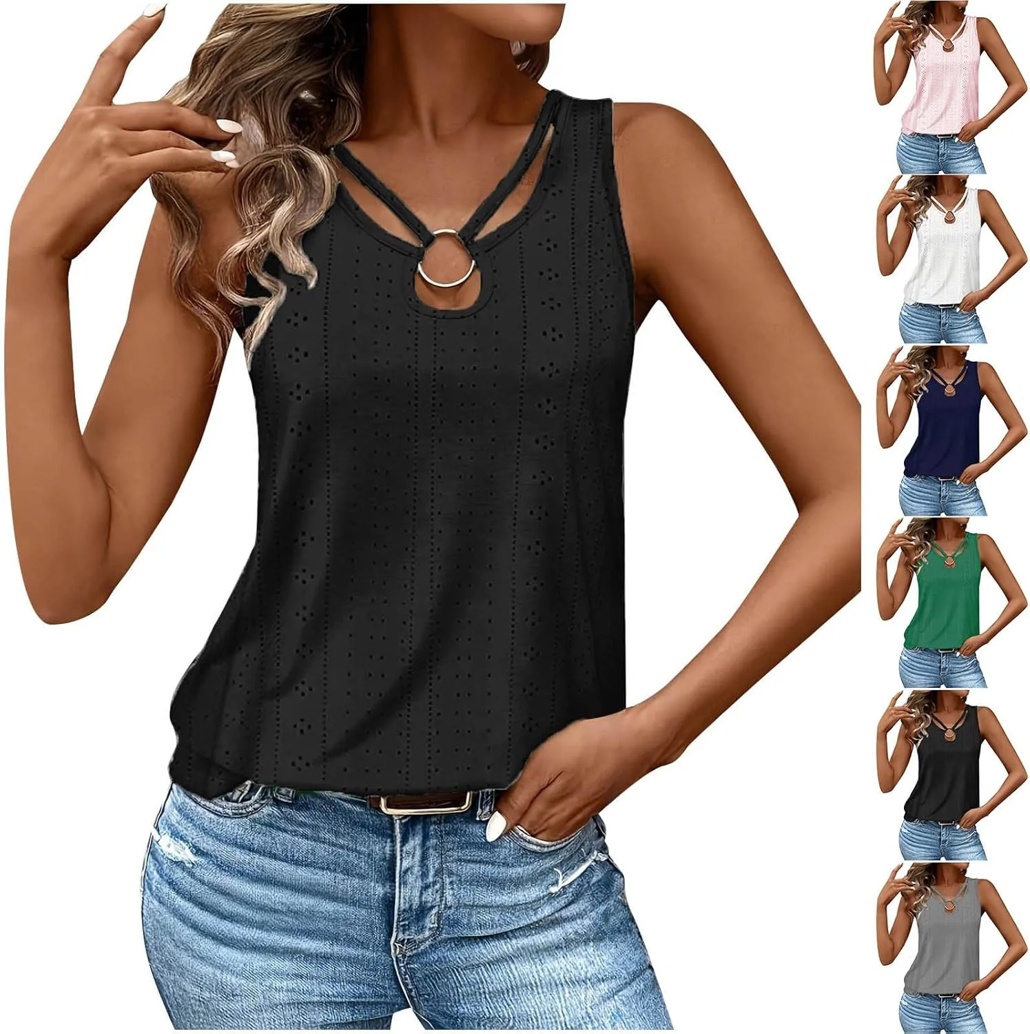 HGps8w Womens Dressy Eyelets Cutout Summer Tank Tops - Sleeveless Casual Strappy V Neck Blouse Going Out Tee Shirts