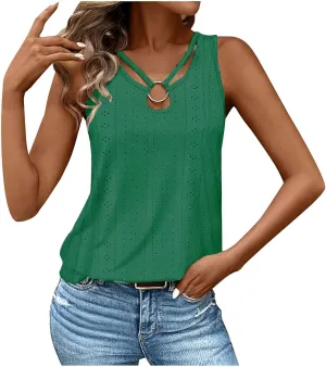 HGps8w Womens Dressy Eyelets Cutout Summer Tank Tops - Sleeveless Casual Strappy V Neck Blouse Going Out Tee Shirts