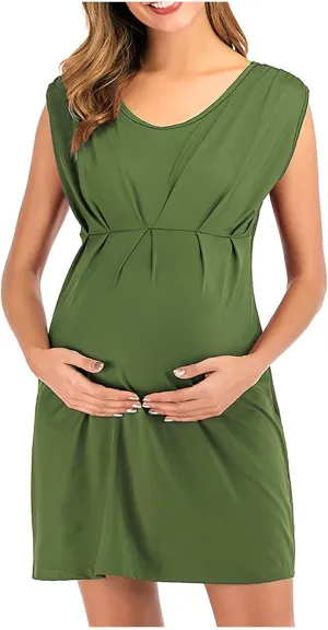 HGps8w Women's Maternity Dress Casual Loose Fit V Neck Sleeveless Ruffle Tank Soft Pregnancy Clothes