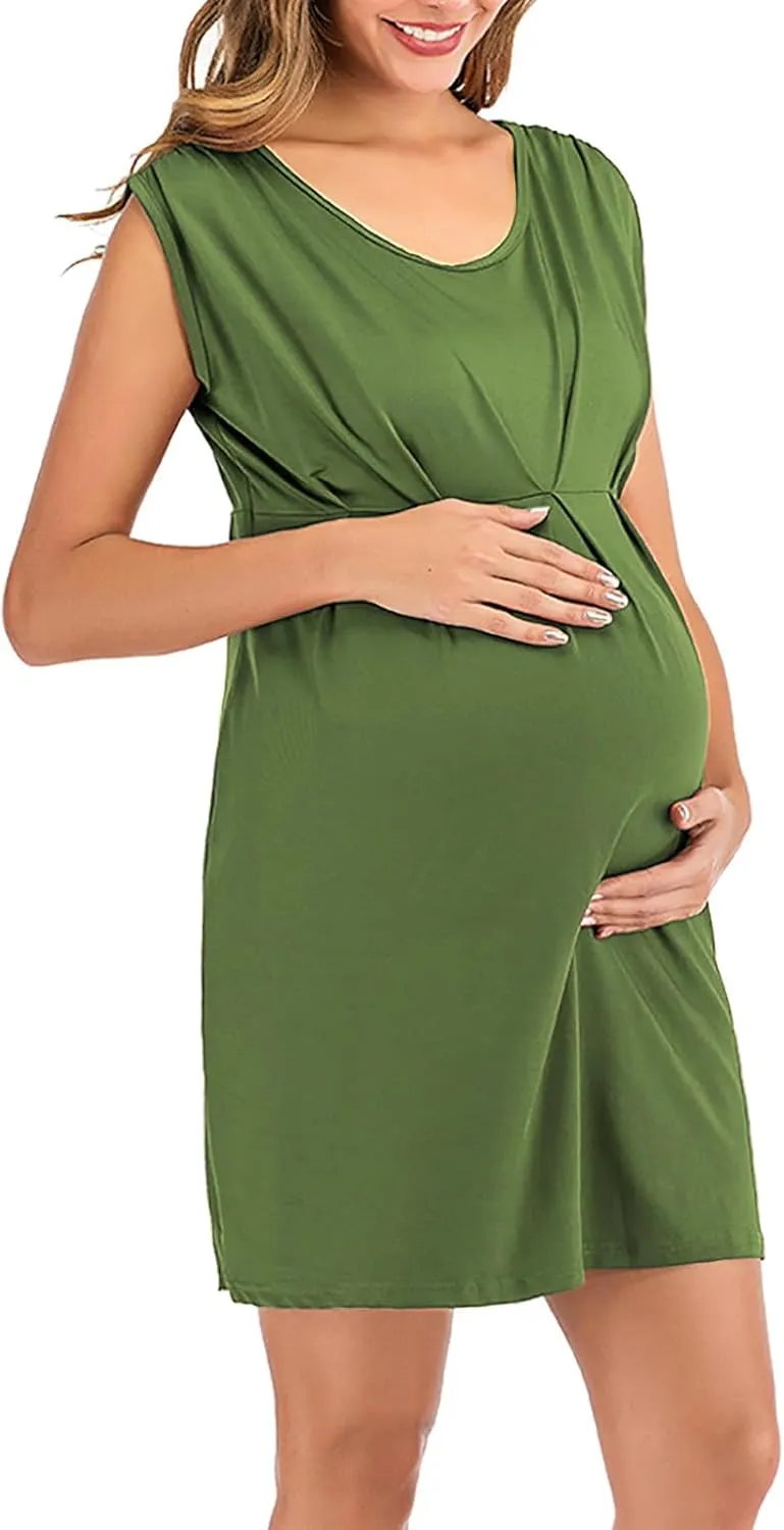 HGps8w Women's Maternity Dress Casual Loose Fit V Neck Sleeveless Ruffle Tank Soft Pregnancy Clothes