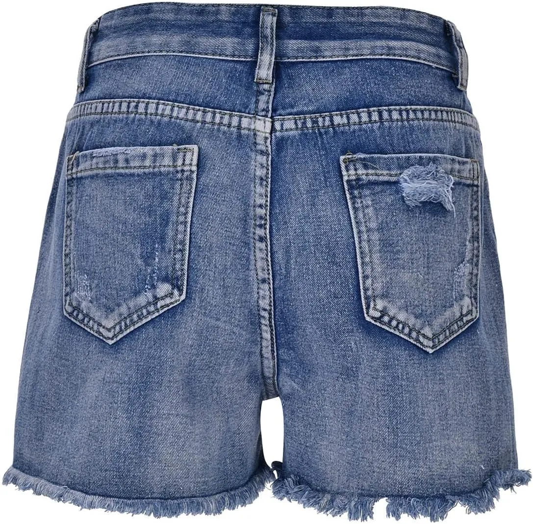 High Waisted Curvy Jeans Shorts For Women Frayed Raw Hem Distressed Ripped Hot Shorts Trendy Pull On Denim Shorts