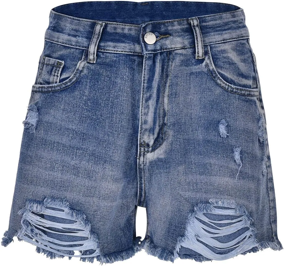 High Waisted Curvy Jeans Shorts For Women Frayed Raw Hem Distressed Ripped Hot Shorts Trendy Pull On Denim Shorts