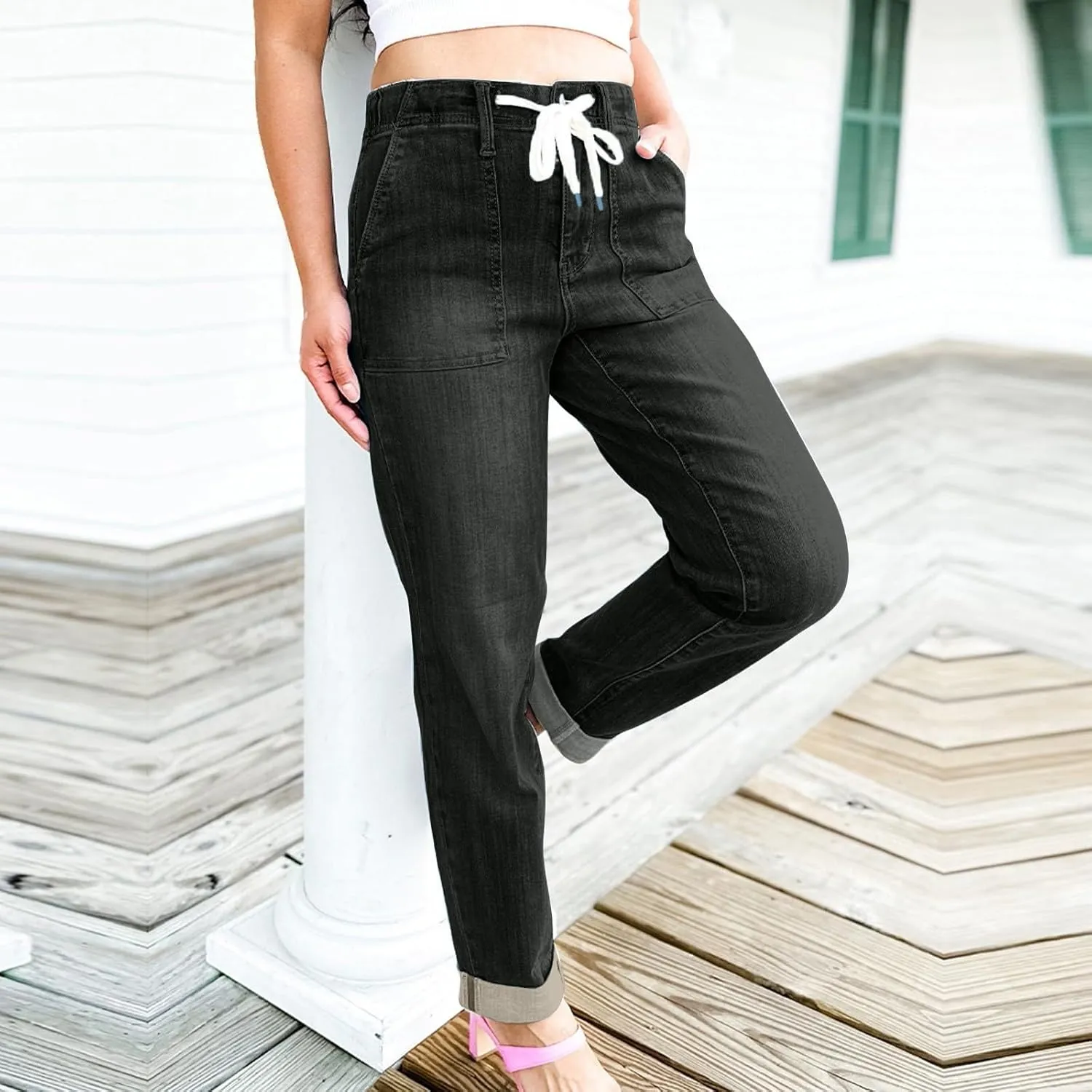 High Waisted Jeans for Women Classic Stretch Butt Lifting Pencil Pants Solid Color Pull On Jeggings Jeans