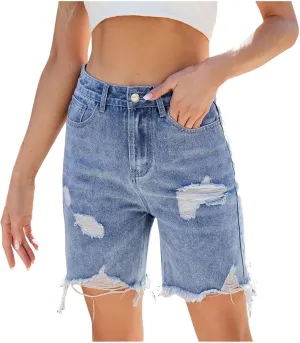 hlysgo Womens Jean Shorts Casual Summer Ripped High Waisted Denim Shorts Stretch Distressed Frayed Raw Hem Short Jeans