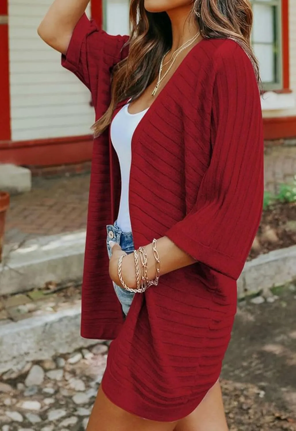 HOTOUCH Women's Open Front Cardigan 3/4 Sleeve Ribbed Knit Cardigans Lightweight Casual Cardigan