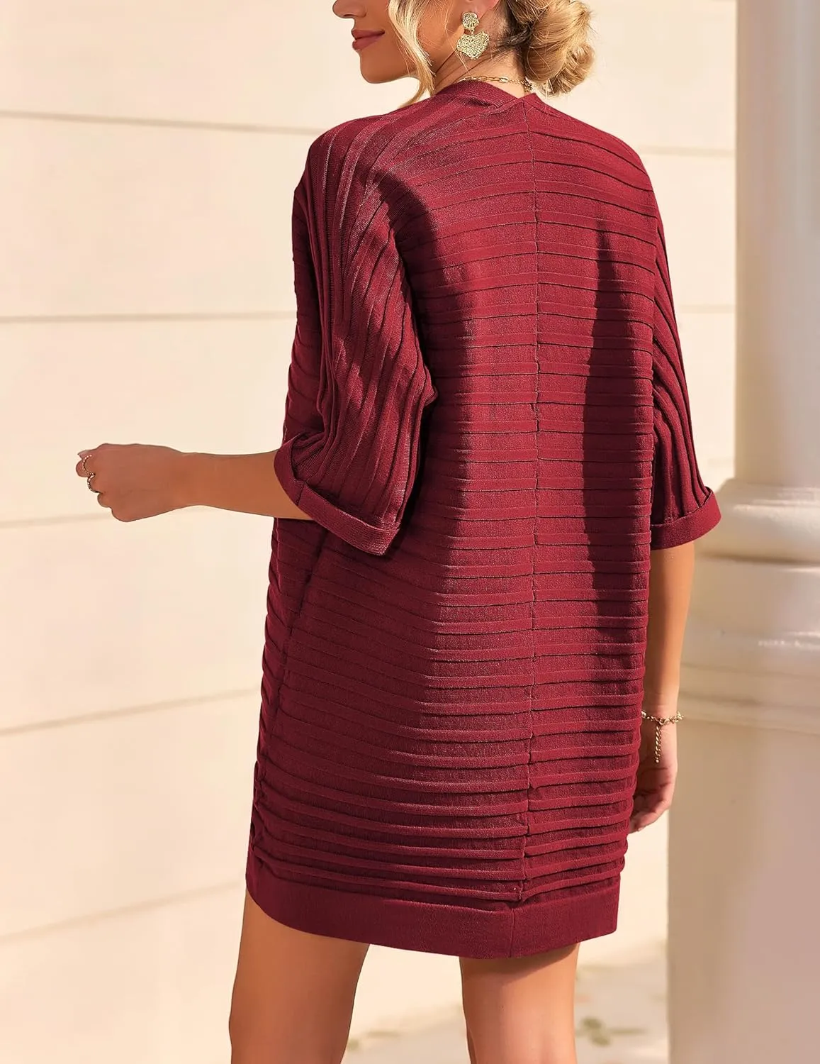 HOTOUCH Women's Open Front Cardigan 3/4 Sleeve Ribbed Knit Cardigans Lightweight Casual Cardigan
