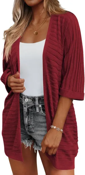 HOTOUCH Women's Open Front Cardigan 3/4 Sleeve Ribbed Knit Cardigans Lightweight Casual Cardigan