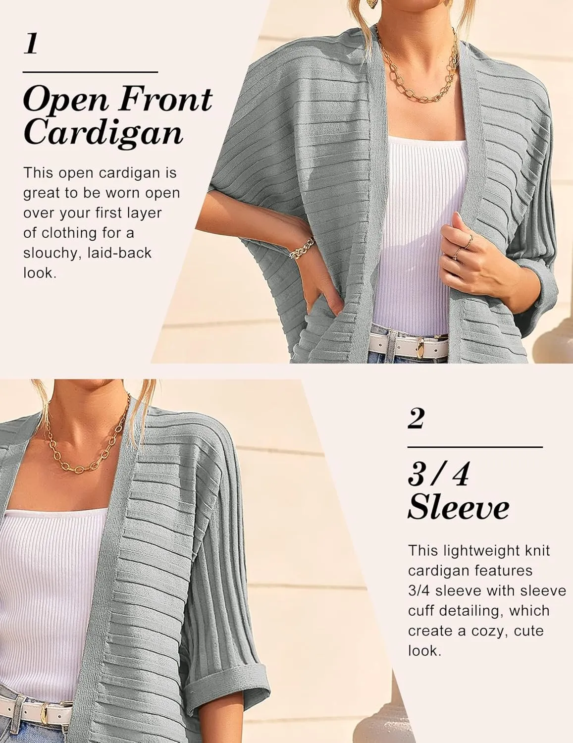 HOTOUCH Women's Open Front Cardigan 3/4 Sleeve Ribbed Knit Cardigans Lightweight Casual Cardigan