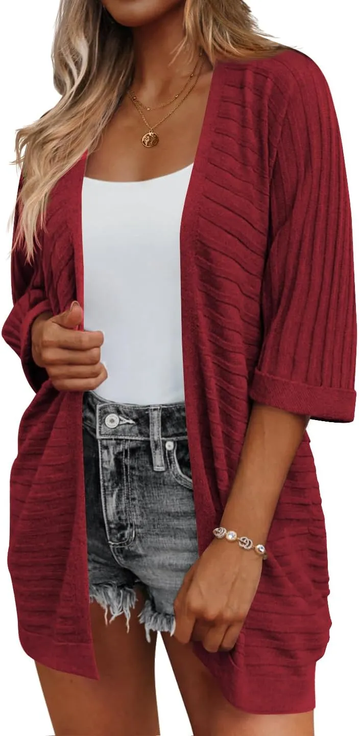 HOTOUCH Women's Open Front Cardigan 3/4 Sleeve Ribbed Knit Cardigans Lightweight Casual Cardigan